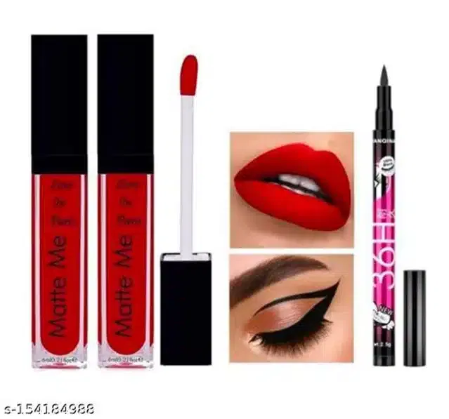 Combo of Matte Me Waterproof Liquid Lipsicks (2 Pcs) with Eyeliner (Red & Black, Set of 2)