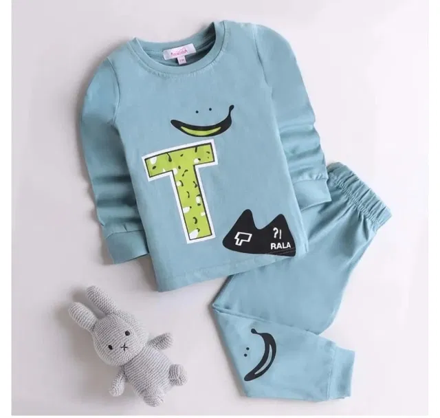 Hosiery Printed T-Shirt with Pant Set for Kids (Sky Blue, 18-24 Months)