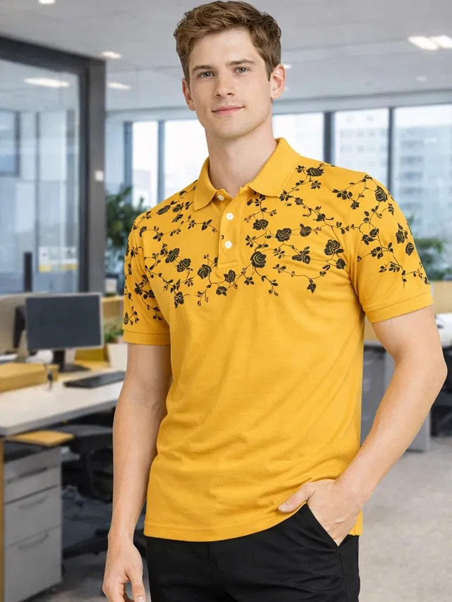 Polo Printed Cotton Blend T-shirt for Men (Mustard, M)