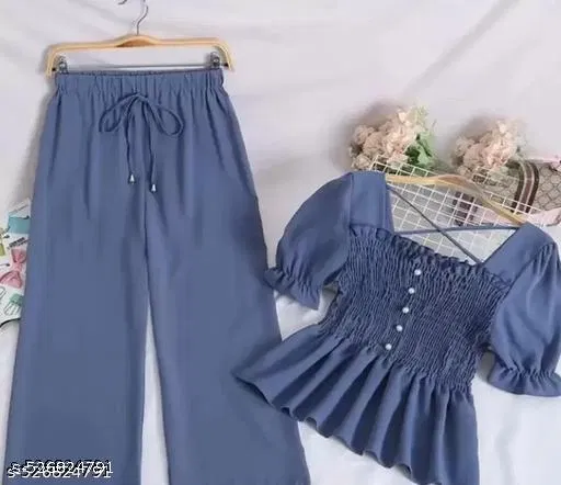 Crepe Palazzo Set for Women (Blue, 11-12 Years)