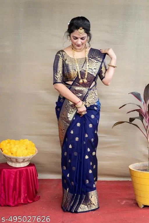 Banarasi Silk Saree for Women (Blue, Free Size)
