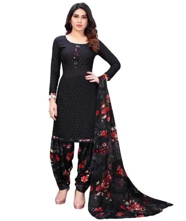 Crepe Polka Dots Unstitched Suits Fabric for Women (Black)