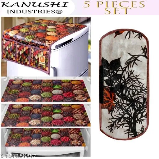 KANUSHI Industries® 1Pc Fridge Cover for Top with 6 Utility Pockets + 1 Handles Covers + 3 Fridge Mats (FRI-DIG-A+1-Handle-Brown-SHUB+M-32)