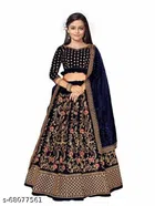 Satin Embroidered Lehenga with Choli & Dupatta for Girls (Navy Blue, 2-3 Years)