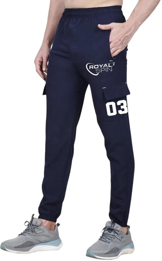 Polyester Blend Printed Regular Fir Trackpants for Men (Navy Blue, 30)