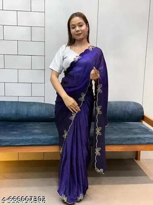 Chinnon Embellished Saree For Women, Blue