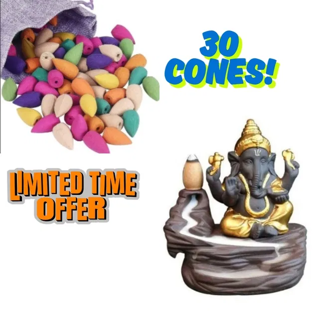 Poly Resin Ganesh Showpiece with 30 Pcs Backflow Smoke Cones (Brown, Set of 1)