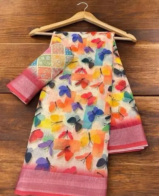Cotton Linen Printed Saree for Women (Multicolor, 6.3 m)