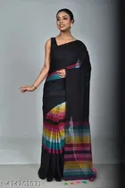 Cotton Linen Printed Saree for Women (Black, 6.3 m)