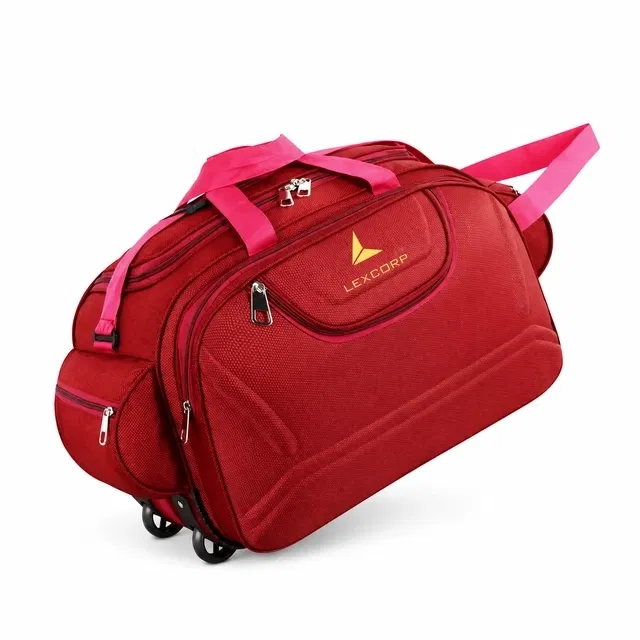 Polyester Solid Color Trolley Duffel Bag with Wheels, Plain Design, Red [60 L]