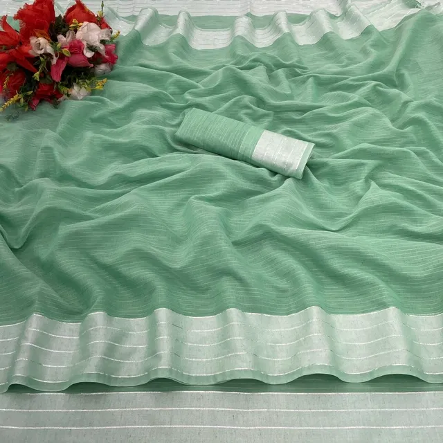 Cotton Blend Striped Saree for Women (Green, 6.3 m)