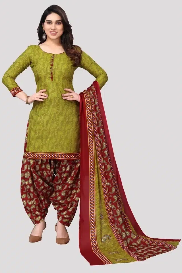 Cotton Blend Printed Unstitched Suit for Women (Green & Red)