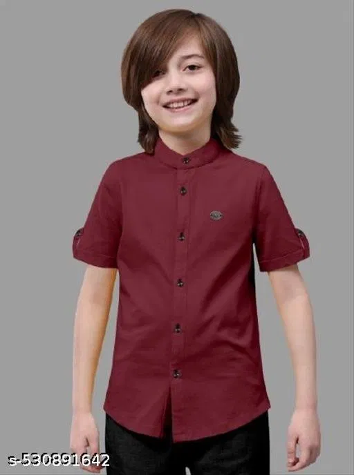 Solid Cotton Blend Mandarin Collar Short Sleeve Shirt for Boys (Maroon, 6-7 Years)