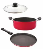 Aluminium Nonstick Flat Tawa with Casserole & Glass Lid Set (Red, Set of 3)