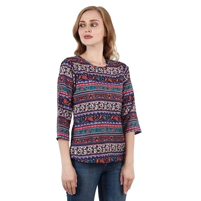 Round Neck Floral Print Top for Women (Multicolor, XXL)