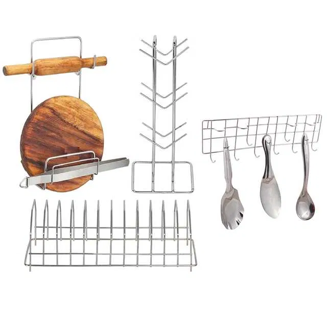 Stainless Steel Cup Stand & Plate Stand & Chakla Belan Stand & Hook Rail For Kitchen (Set of 4) (OC-019)