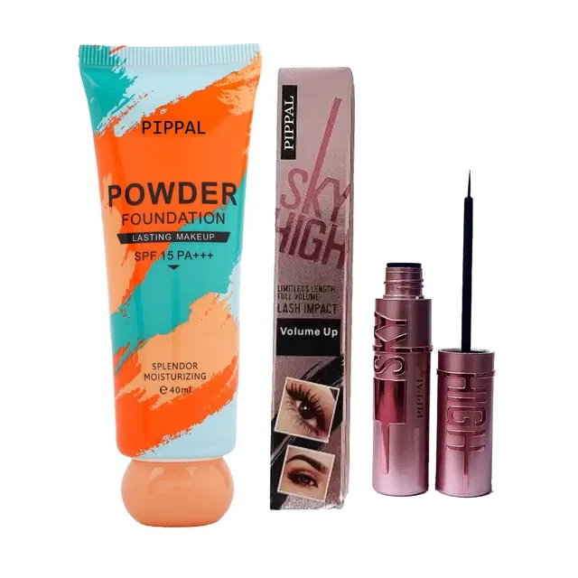 Pippal Orange Tube Powder Fondation (40 ml) with Sky High Eyeliner (6 ml) (Set of 2)