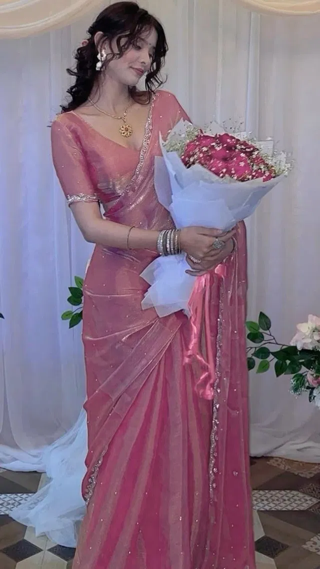 Organza Embellished Saree For Women, Pink