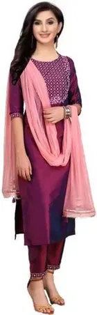 Women Art Silk Embroidered Kurta With Pant And Dupatta Set 