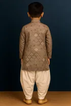 Cotton Blend Printed Kurta with Dhoti for Boys, Brown & White 