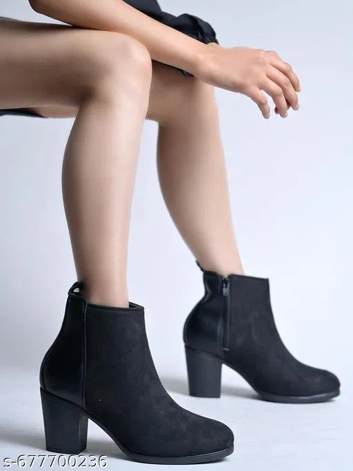 Shoetopia Suede Heeled Boots Black (IND-6)