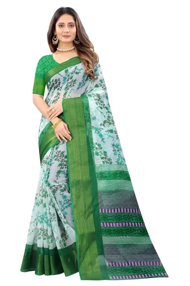 Cotton Printed Saree for Women (Green, 6.3 m)