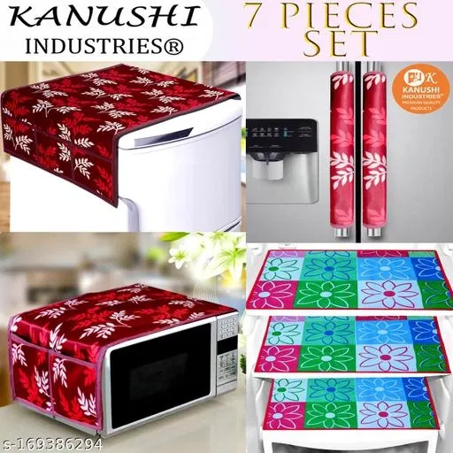 KANUSHI Industries® Fridge/Refrigerator Cove + 1 Pc microwave cover + 2 Pc handle cover + 3 pc Fridge Mats(FRI+MICRO+2-HDL-MAROON-SMAL-LEV+M-28)