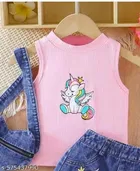 Hosiery Cotton & Denim Printed Clothing Set for Kids, Pink & Blue 