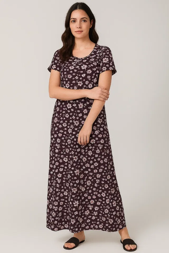 Sarina Floral Print Nightdress for Women (Wine, M)