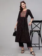 Viscose Rayon Printed Kurti with Pant for Women (Black, S)