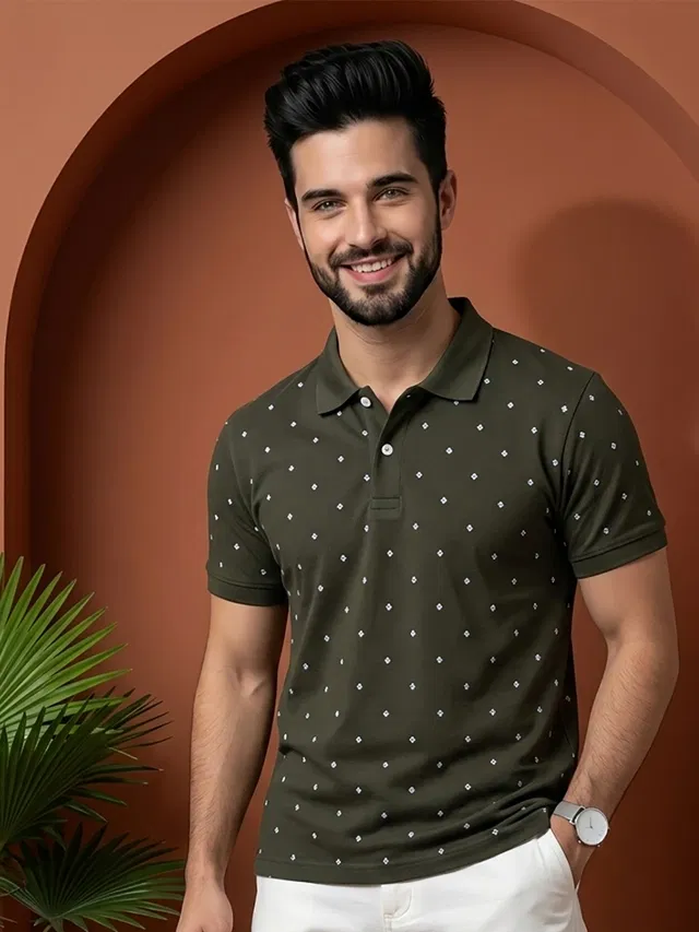 Printed Polo T-shirt for Men (Olive, XL)