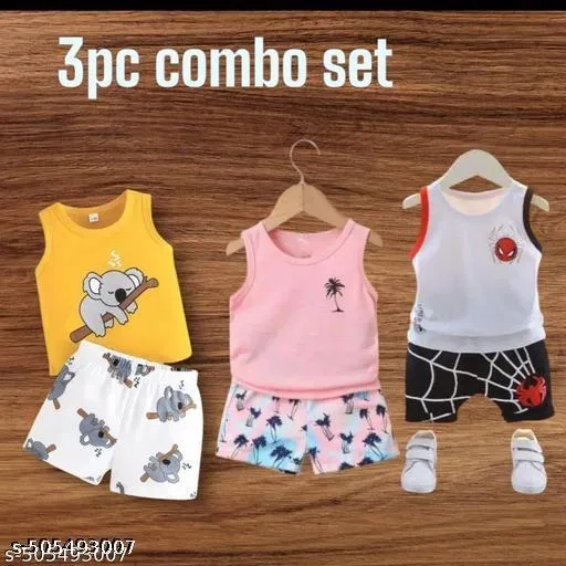 Hosiery Cotton Printed Clothing Set for Kids, Multicolor, Pack of 3 (0-2 Months)