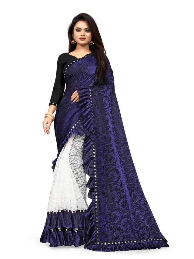 Lycra Blend Embellished Saree for Women (Blue, 6.3 m)