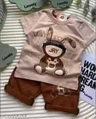 Cotton Blend Printed Clothing Set fot Boys, Creme & Brown 