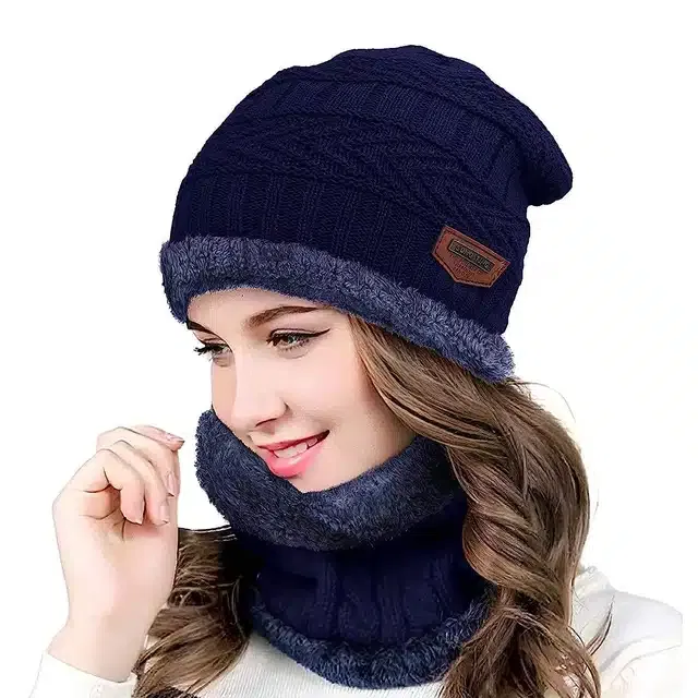 Winter Cap with Neck Warmer for Women (Blue, Set of 1)