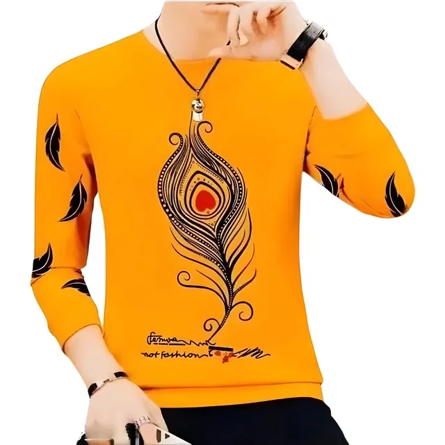 Round Neck Printed T-Shirt for Men (Mustard, L)