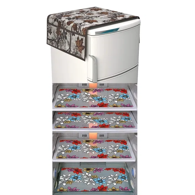 PVC Fridge Top Cover with 4 Pcs Shelf Mat (Multicolor, Set of 5)