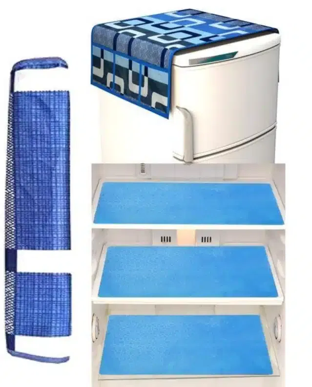 Knit Printed Fridge 3 Pcs Mat with Top & Handle Cover (Blue, Set of 1)