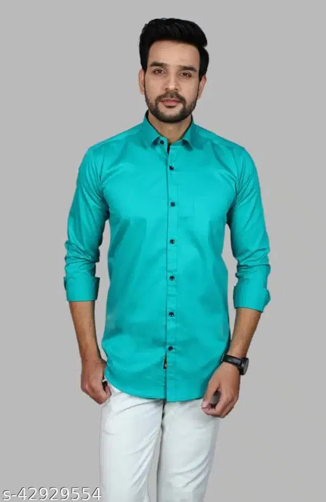 Cotton Blend Full Sleeves Shirt for Men (Sea Blue, L)