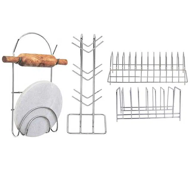 Stainless Steel Cup Stand Cup Holder & Plate Stand & Chakla Belan Stand For Kitchen (Set of 4) (OC-038)