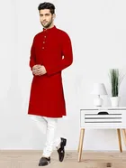 Cotton Blend Solid Kurta for Men (Red, L)