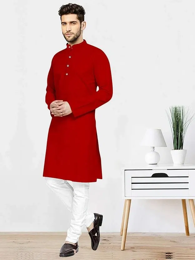 Cotton Blend Solid Kurta for Men (Red, L)