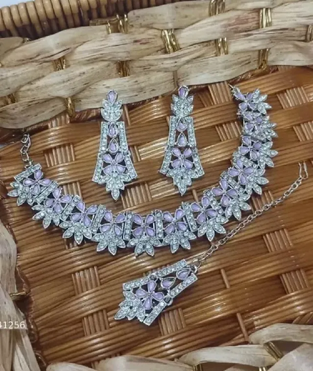 Alloy Necklace with Earrings & Maangtika for Women (Silver, Set of 1)