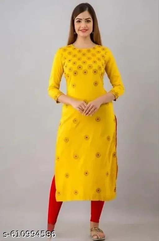 Floral A-line Kurti for Women (Yellow, L)