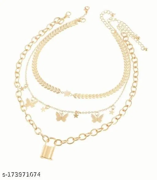 Trendy Urbanic Triple Layered Minimal Butterfly And Lock Necklace for Girls And Women