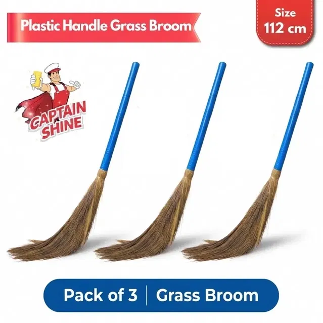 Captain Shine Grass Broom with Plastic Handle, 3x350g [Net], 112cm (Pack of 3)