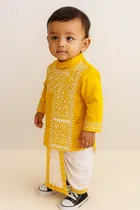 Cotton Printed Kurta with Dhoti for Boys, Yellow & White 