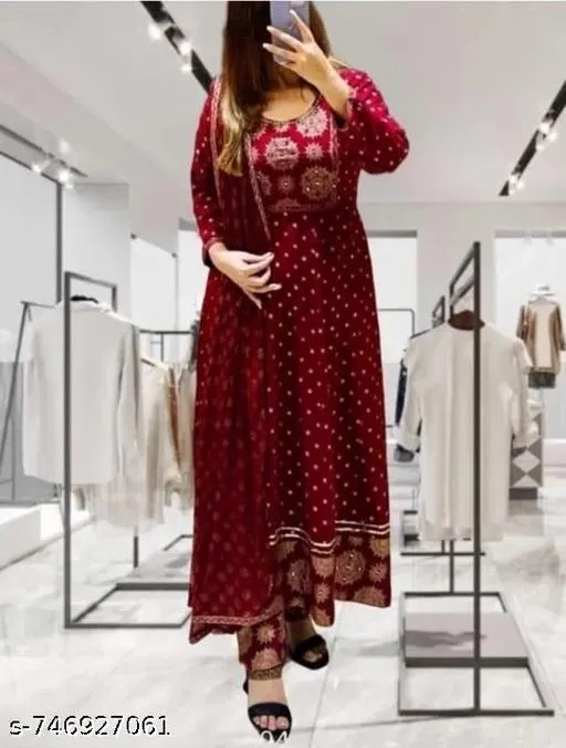 Rayon embroidered Anarkali Kurta Set for Women ( Red,M )