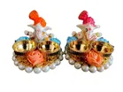 Metal Decorative Ganpati Haldi Kumkum Stand with 2 Roli Chawal Holder, Multicolor