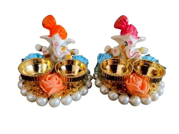 Metal Decorative Ganpati Haldi Kumkum Stand with 2 Roli Chawal Holder, Multicolor